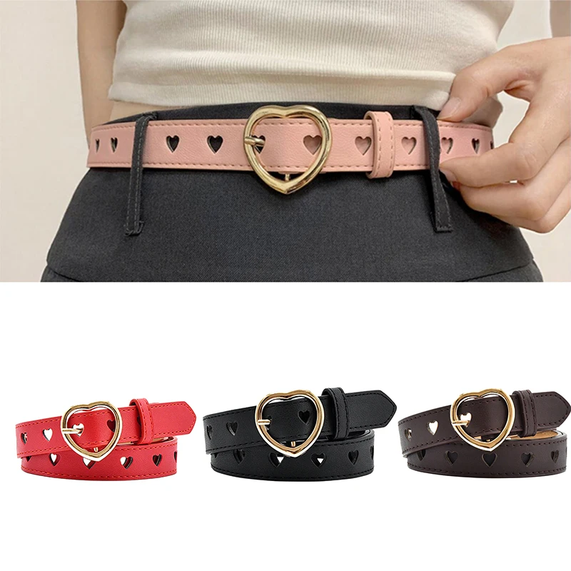 1PC Fashion Youth High-grade PU Hollow Women's Dress Belt Versatile Children's Peach Heart-shaped Pin Buckle Belt