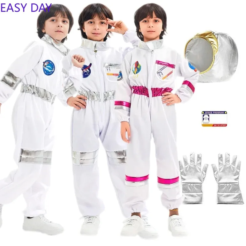 

Astronaut Costume Kids Cosplay Jumpsuit Cartoon Space Party Boys Girls Spaceman Outfit Children White Spacesuit Gloves Bodysuit