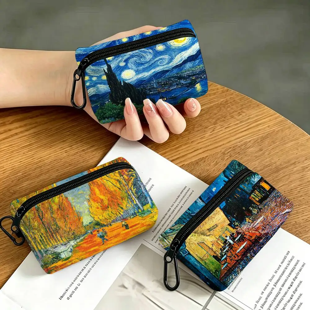 Van Gogh Starry Sky Oxford Fabric Mini Coin Wallet Smooth Zipper Hanging Design Multi-use Small Storage Bag For Travel