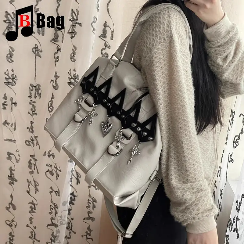 Y2K Gothic Women\'s Girls Punk Handbags Harajuku Single Shoulder Crossbody Student Class Large Capacity Rivet Commuting Bag Totes