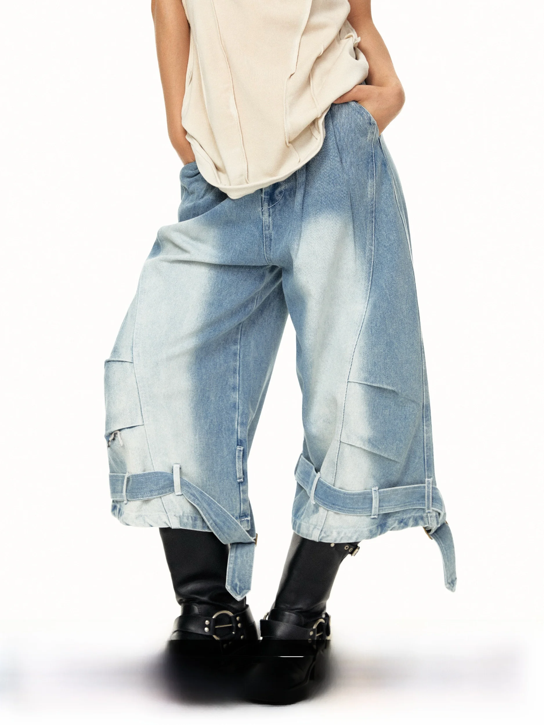 Blackbb American Retro Belted Loose Wide Leg Jeans Women's Nine Point Light Blue Belt Straight Leg Summer Jeans Cotton Blend