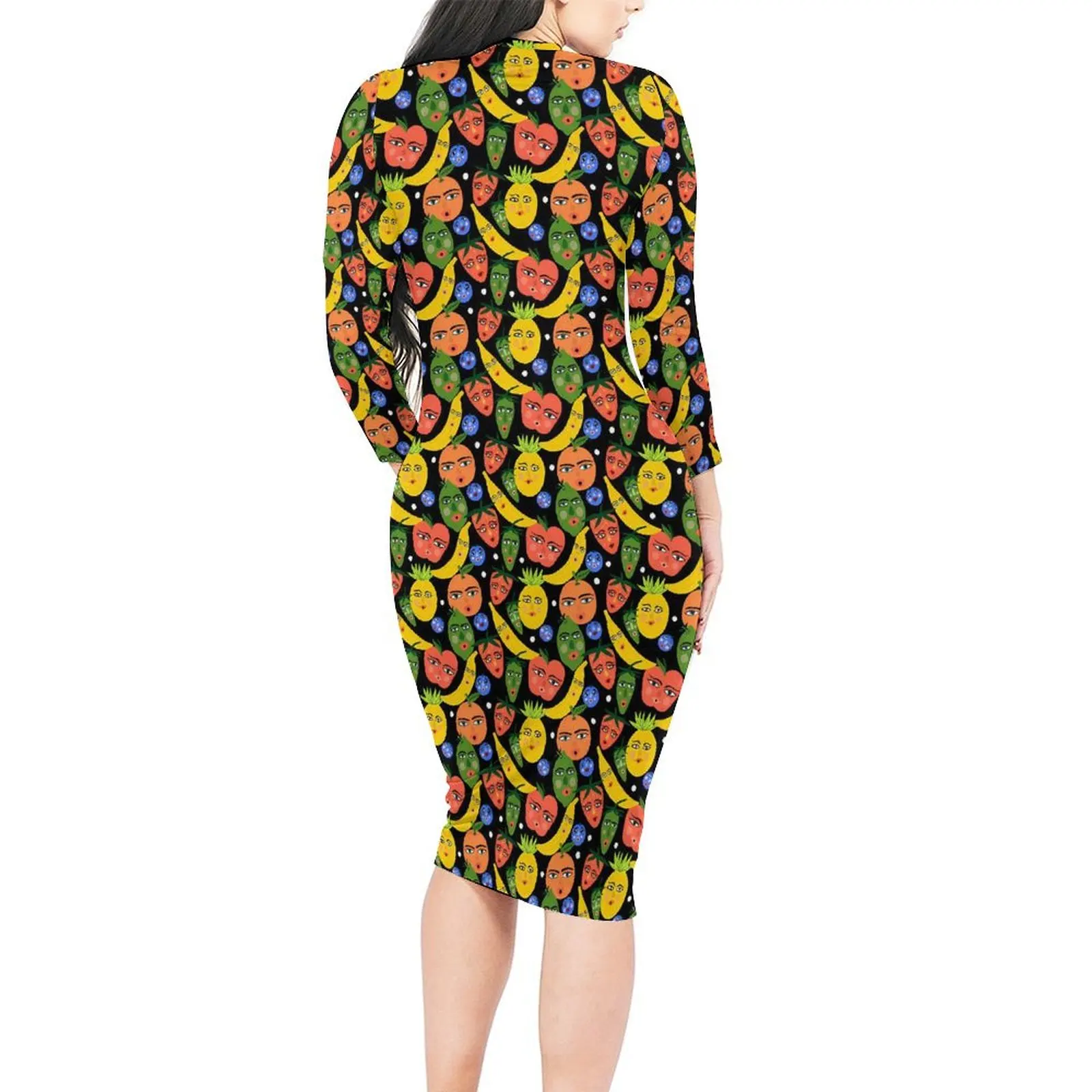 Vestido con estampado de frutas para mujer, ropa de gran tamaño, manga larga, ajustada, estética divertida, ensalada de frutas, Primavera