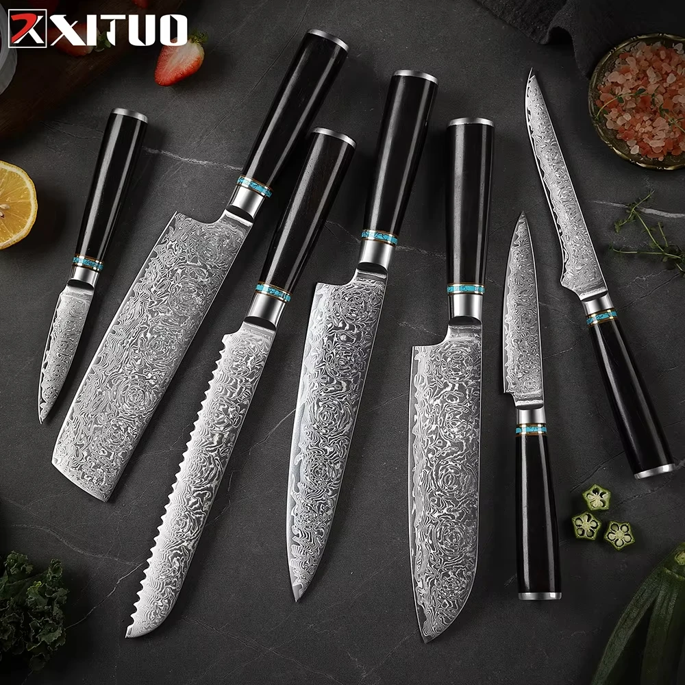 

XITUO Japanese Chef Knife Set Damascus Steel Knives Razor Sharp Kitchen Chef Knife Santoku Cleaver Boning Utility Knife 1-7PCS
