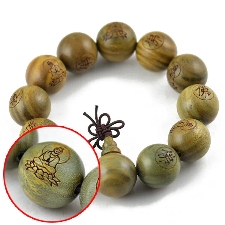 A string of beads, green sandalwood, Buddha beads, bracelets, men's jewelry, prayer beads, carved Buddha Guanyin 10-20mm