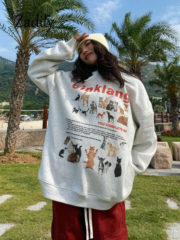 2024 Autumn Streetwear Long Sleeve Women Y2K Hoodies Kawaii Cat Printing Hooded Oversize Pullovers Winter Thick Clothing Tops