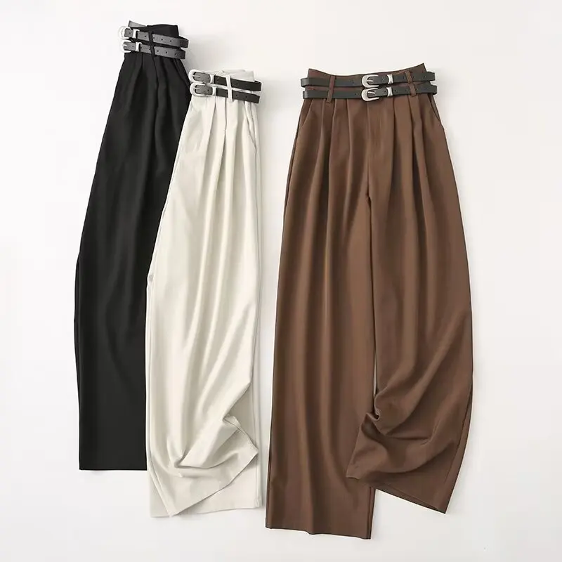 Tangada 2024 Women Chic Wide Leg Suit Pants Trousers With Belt High Waist Office Lady Elegant Pants YU016