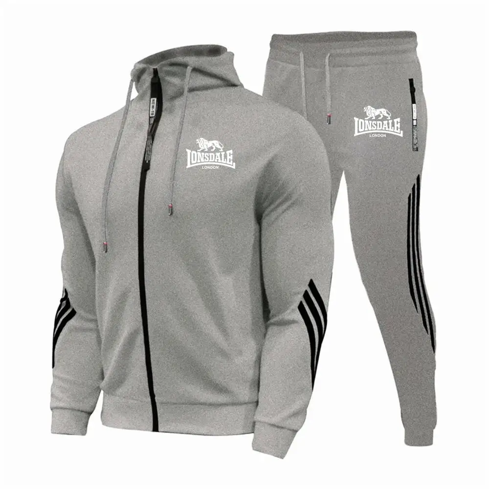 LONSDALE Men\'s Suit Is Comfortable Warm In Autumn Winter Business Leisure Collar Zipper Coat+Trousers Sweatshirt