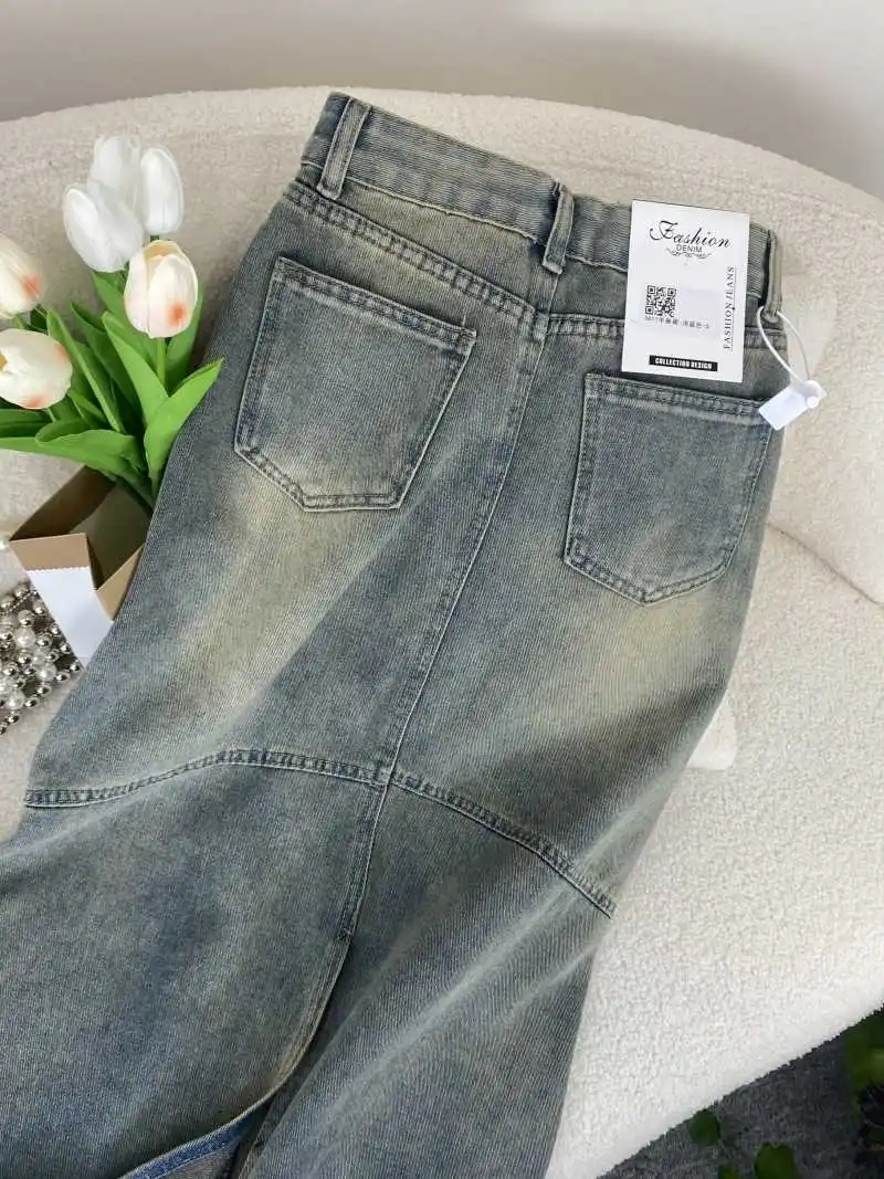 Saia feminina vintage de cintura alta, cor sólida, franjas, fenda, design, vestido jeans, slimfit, linha a, saias no tornozelo