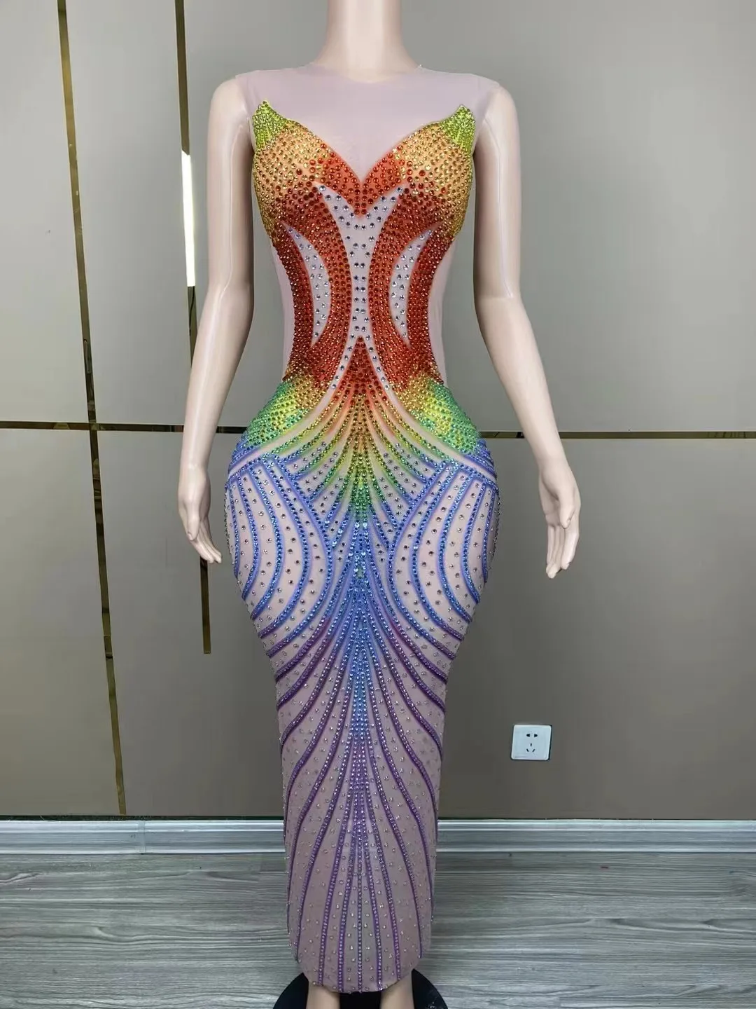 Sexy Stage Colorful Rhinestones Mesh Dress Evening Birthday Celebrate Outfit Nightclub Dance Performance Host Photoshoot Costume