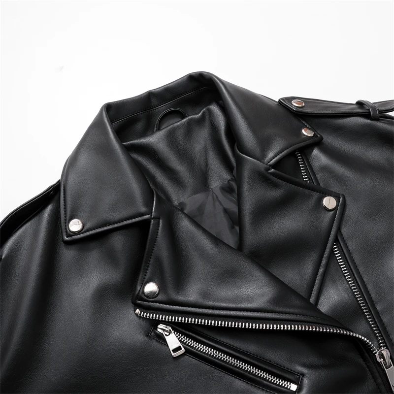 RARF  Women\'s new spring and autumn style black imitation leather locomotive style loose jacket coat handsome pu motorcycle top