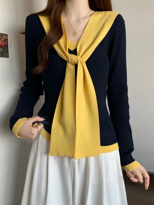 التخسيس V-Ne محبوك سترة المرأة الخريف الشتاء قطعتين مجموعة oulder طول تريكو قاعدة irt الكورية Sle تخفيف