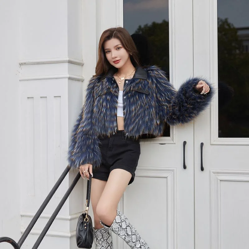 Cao Cấp Giả Gấu Trúc Đan Áo Khoác Da Lót Lông Thu Đông Giả Da Khâu Lông Tơ Áo Khoác Bomber Cổ Gập PU Cardigan