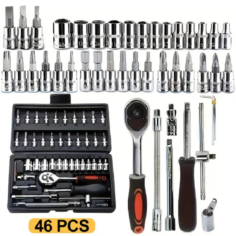 Socket Set 46PCS Ratchet Wrench Tool Set 1/4 Metric Socket Wrench Household Manual Repair Tools for Bike Repair