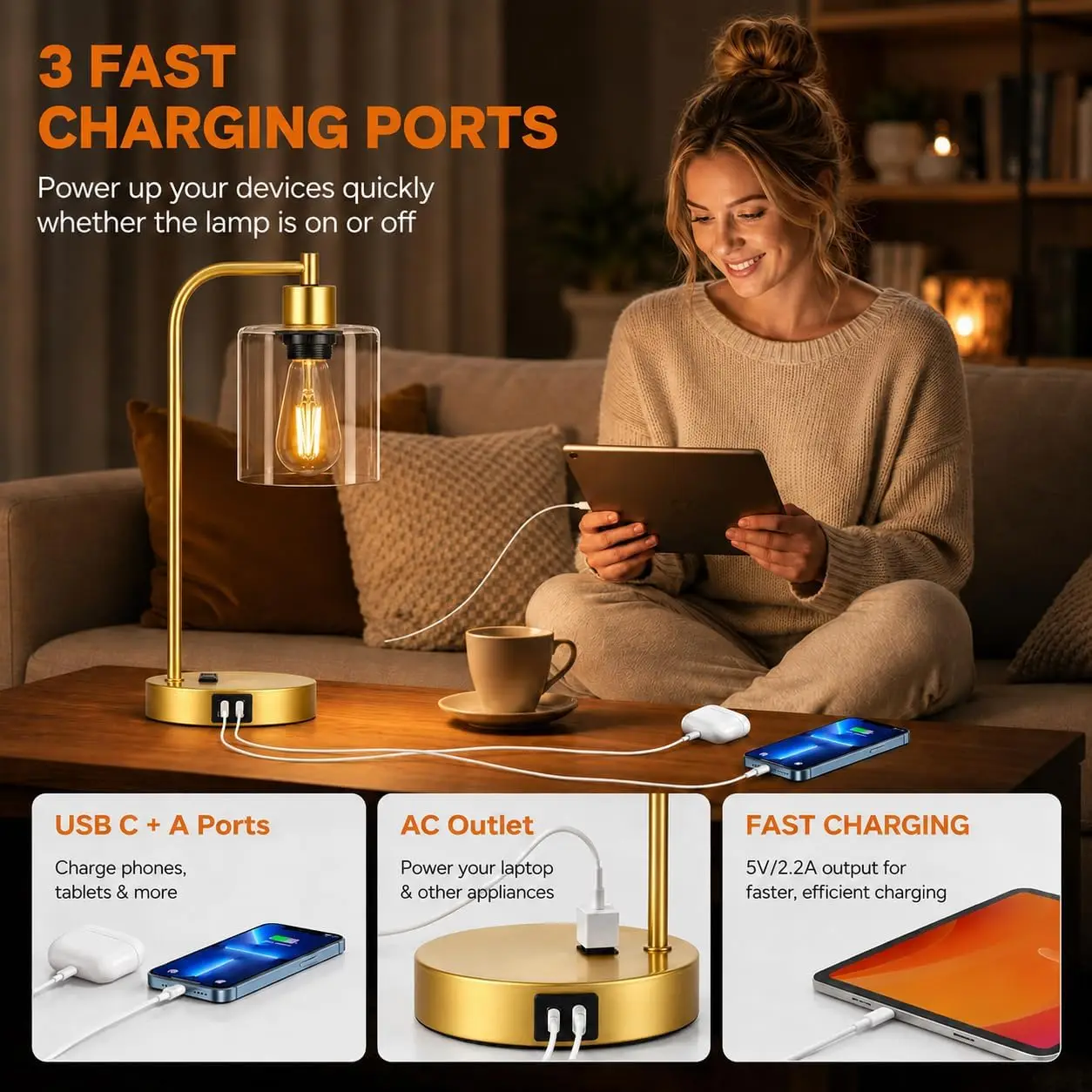 Touch Control Table Lamps Set of 2 - Gold Nightstand Lamps with USB & Outlet, 3-Way Dimmable Desk Lamp for Bedroom view 4