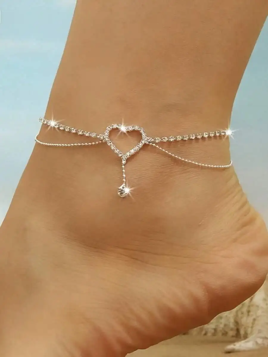 

Sparkling Double Heart Rhinestone Anklet For Beach Holiday Party
