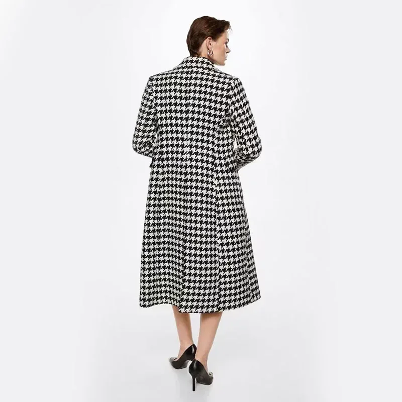 Fashion Houndstooth Faux Wool Jacket Women Autumn Korean Elegant Double Breasted Long Overcoat Winter Thick Warm Blend Wool Coat