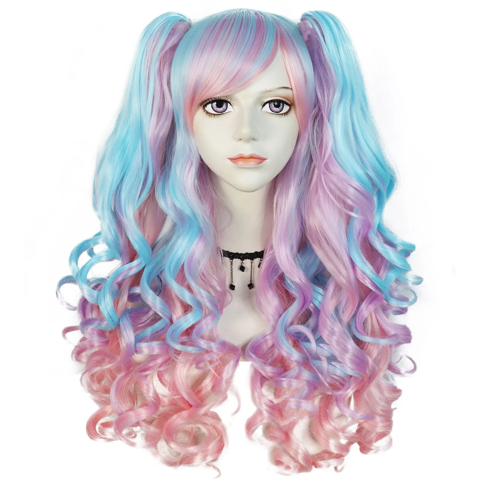 

24inch Cheap High Quality Rainbow Colorful Long Curly Curly Ponytails Lolita Cosplay Wig for Halloween Christmas School