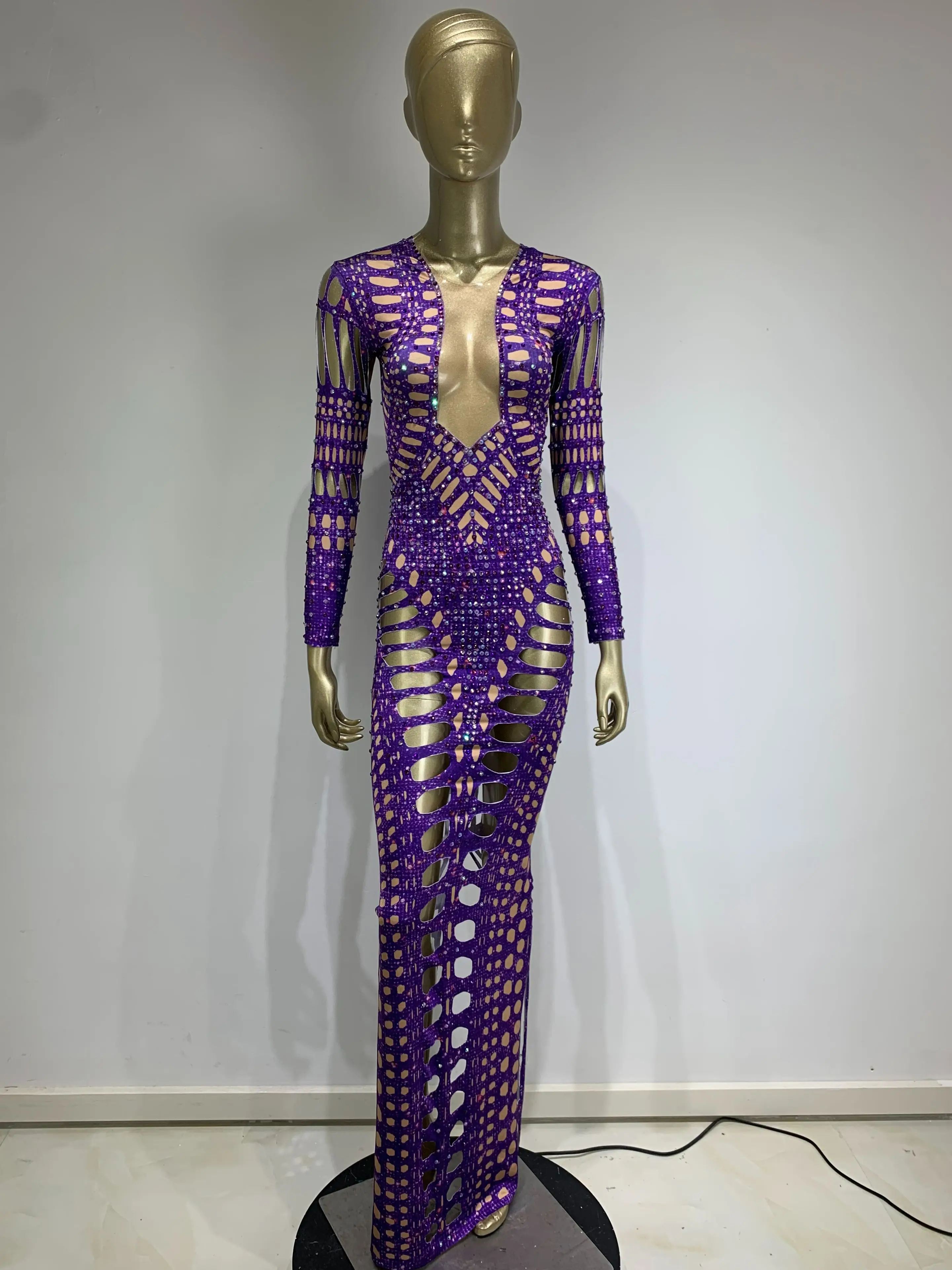 

Purple Rhinestone Sexy Hollow Elastic Tight Wrap Hip Celebrity Long Dress Nightclub DJ Female Singer Stage Performance Costume