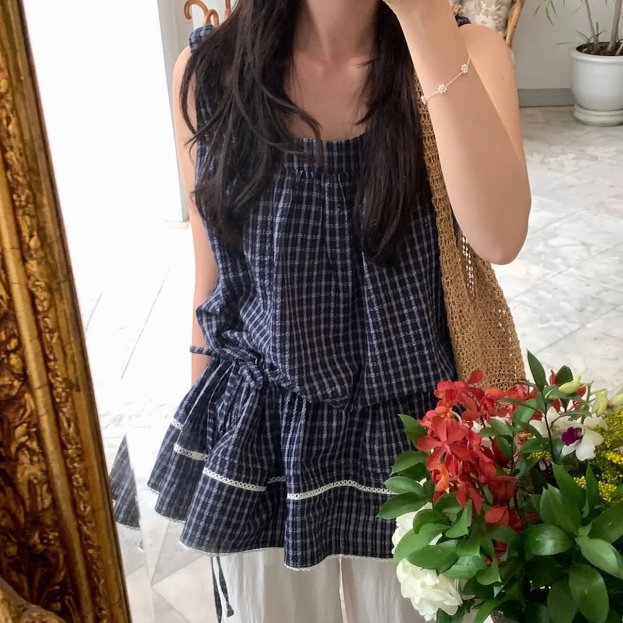 Chic Korean Style Sweet Plaid Sleeveless Drawstring Dress Women Slimming Top Trendy Vest Dress Commute Other Polyester Fiber