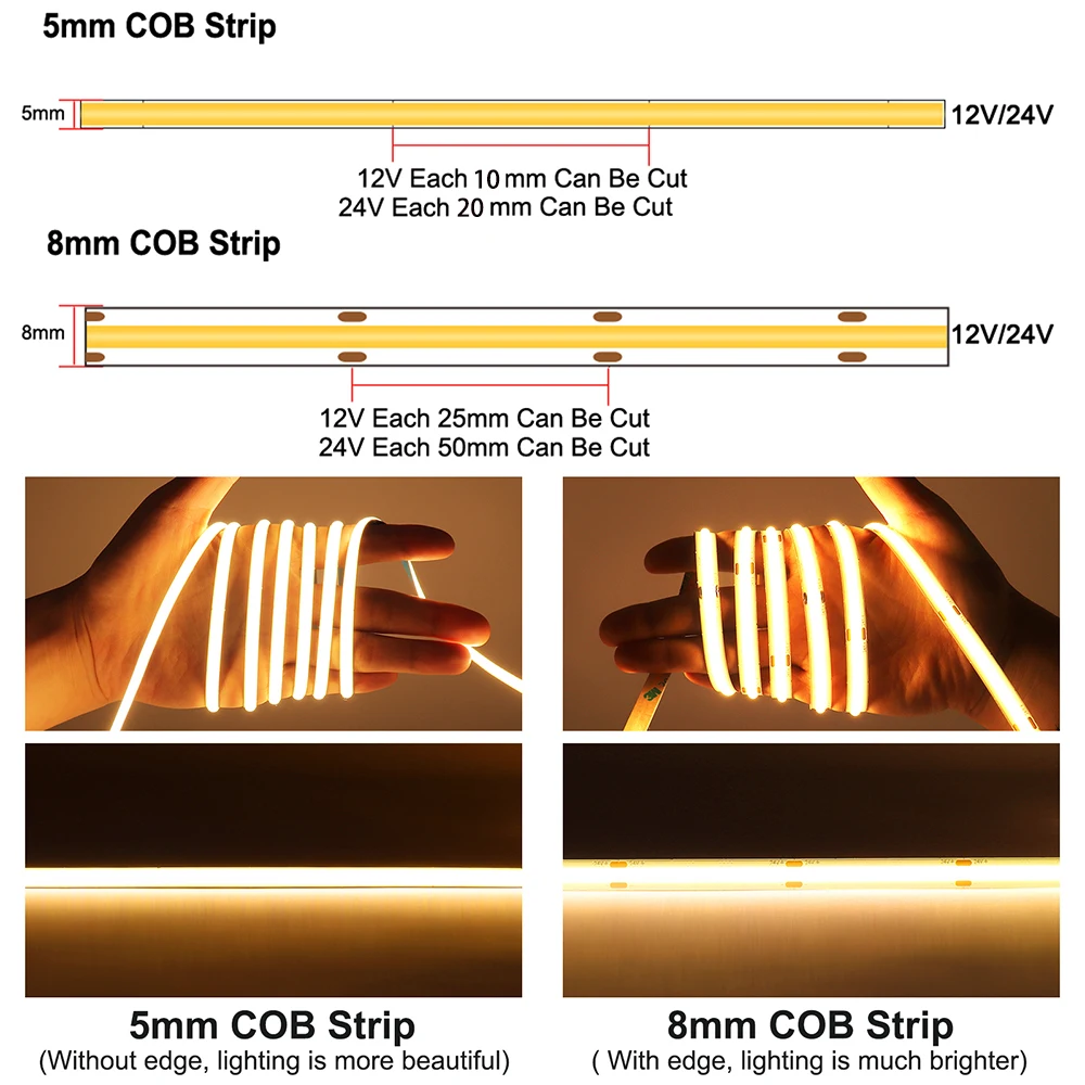 Imagem -03 - Interior Dimmable Led Strip Light Cob Light Bar tv Backlight Fita de Iluminação Lâmpada de Fita Flexível Decoração do Quarto 12v 24v 2700k 3000k