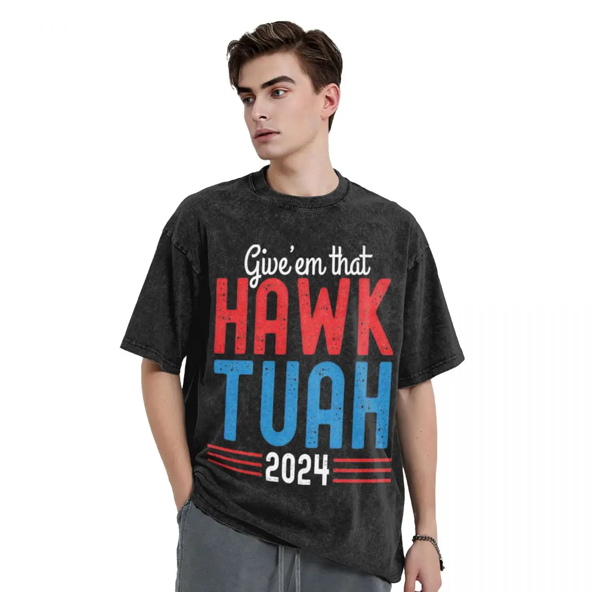 Hawk Tuah 2024 T Shirt Washed Cotton Harajuku T-Shirts Spit On That Thang Vintage for Men Women Tops Streetwear Summer Tops Tees