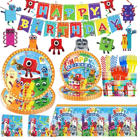 Number Birthday Decorations Building Blocks Tablecloth Banner Spiral Cake Topper Balloon for Kids Baby Shower Supplies Gifts