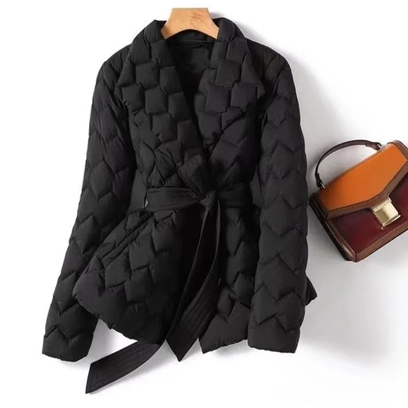 Doudoune légère avec ceinture pour femme, élégante, longue, en coton, duvet de canard blanc, Parka pour dames, manteaux d'hiver