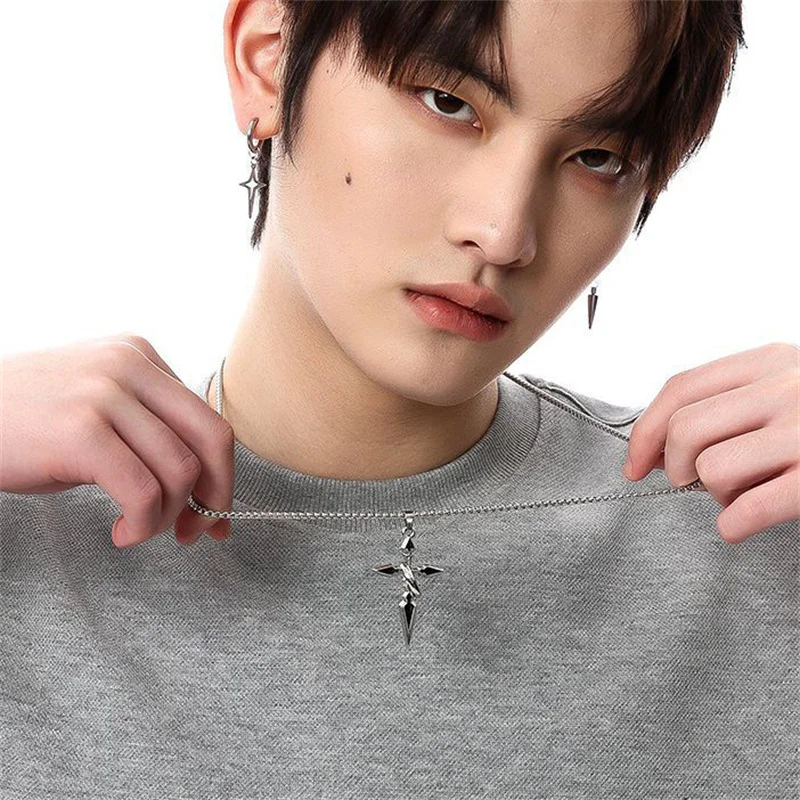 Vintage Cross Pendant Necklace For Men's Versatile Chain Trendy Sweat Shirt Hanging Punk Chain Jewelry Gift