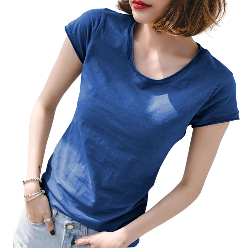 All Match Slim 100% Cotton Women T-Shirts 2024 Summer New Short-Sleeved Casaul Solid Female Buttoming Pulls Tops Tees