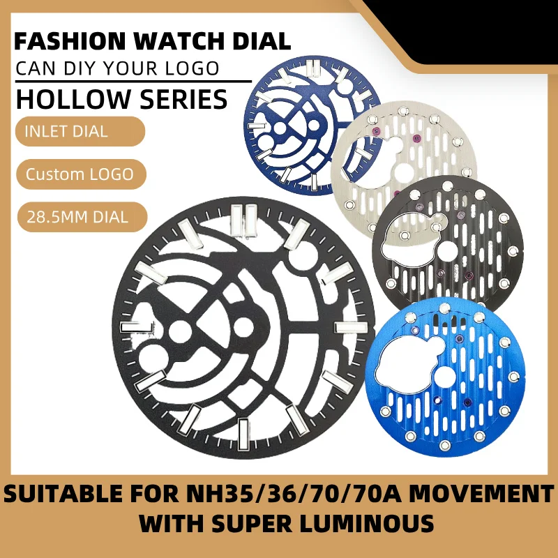 

Hollow Series Dial 28.5mm Super Luminous Watch Dial Fit NH70 NH70A Automatic Movement Watch Accessories Custom logo