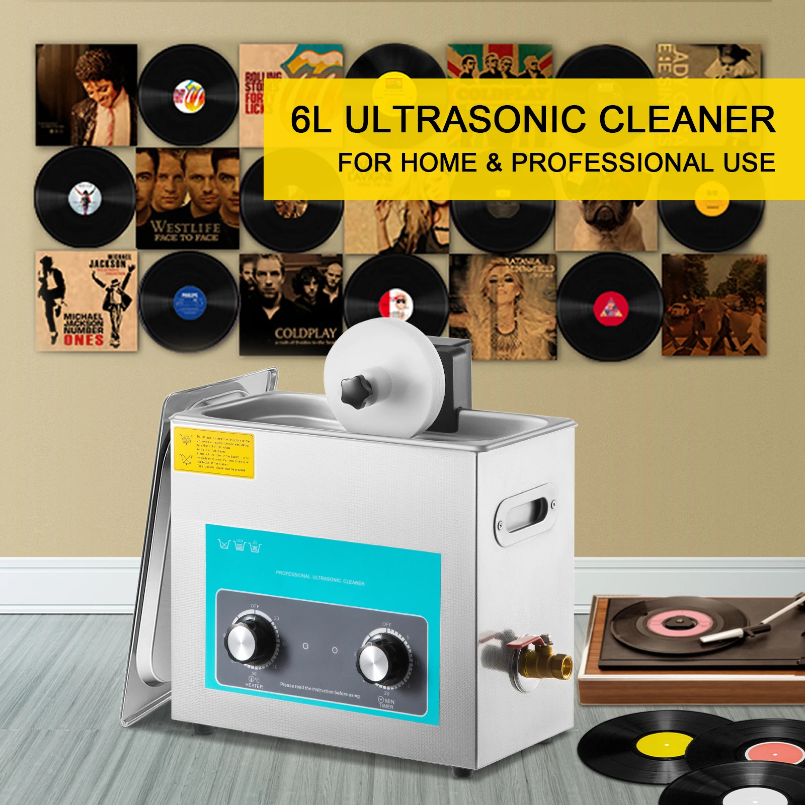 VEVOR Ultrasonic Vinyl Record Cleaner 6L 40kHz 180W Vinyl Ultrasonic Cleaning Machine Knob Control 8 Records Vinyl Sonic Cleaner