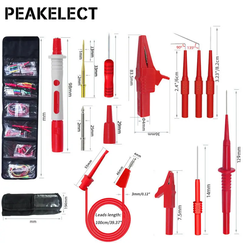 Peakelect P1947 46Pcs Multimeter Meetsnoeren Kit 4Mm Banaan Plug Met Draad Piercing Probes Punctie Naald Alligator Clip 1000V