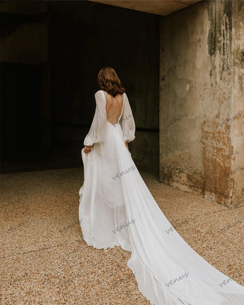 Graceful Wedding Dresses Chiffon A-Line Bridal Gowns Long Puff Sleeves Floor Length Robes Simple Backless Vestidos De Novia 2024