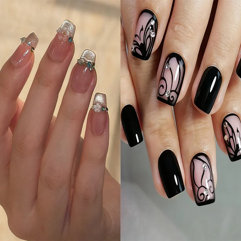 เล็บปลอมทรงโลงศพขนาดกลาง 24 ชิ้น พร้อมลายดอกไม้ประดับเพชร ดีไซน์ไล่สีแบบฝรั่งเศส ใช้ได้กับผู้หญิงและเด็กผู้หญิง