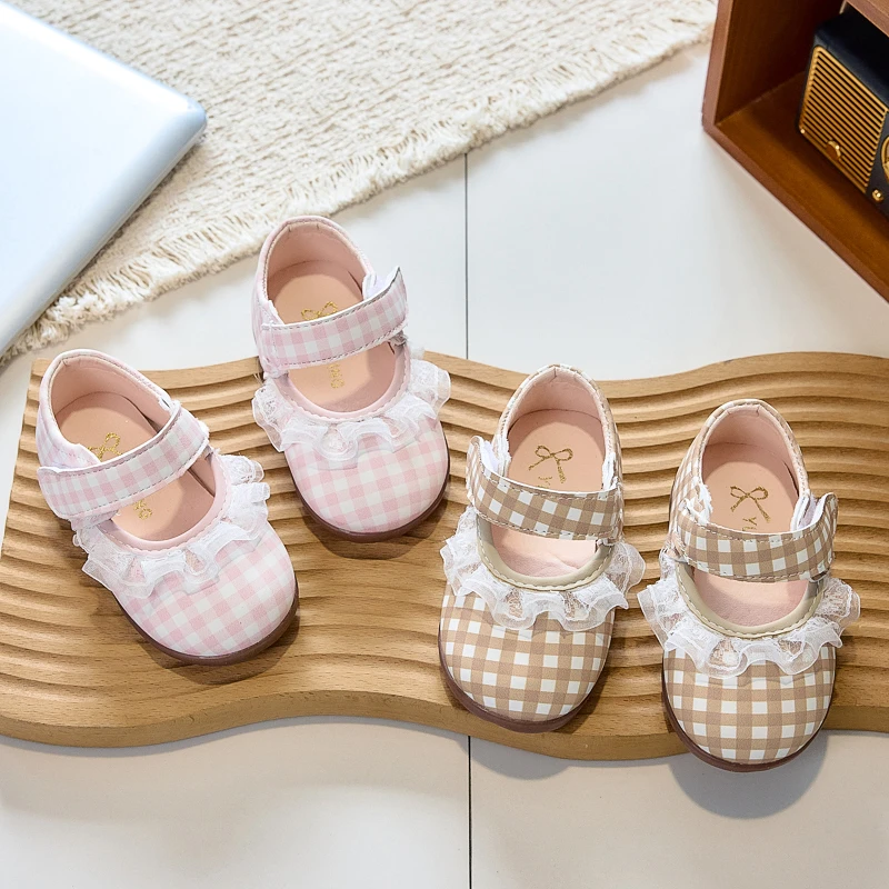 Girls Flat Shoes Sweet Lace Soft Sole Kids Princess Shoes Round Toes 2026 Brand New Children Leather Shoes Non-slip Trendy