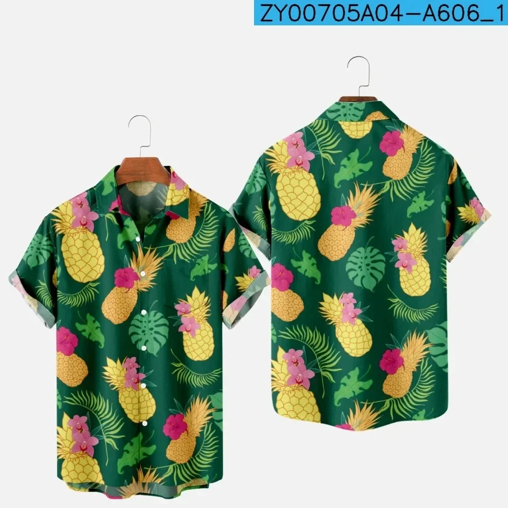 Blusa con estampado 3D de piña y fruta para hombre, camisa informal de manga corta con botones y solapa, ropa de calle de gran tamaño para playa