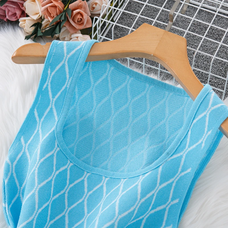 YuooMuoo Chic Fashion geometrica lavorato a maglia abito corto donna Y2K estetica senza maniche A-line abito estivo coreano Lady Party Vestido