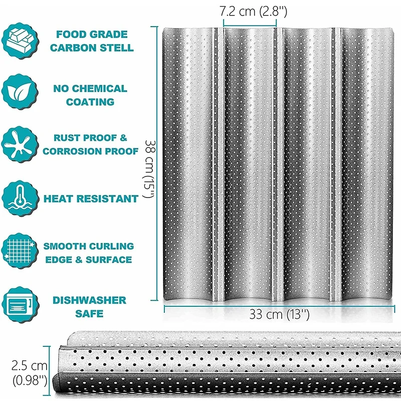 1 STÜCK Antihaft-Perforierte Backform für französisches Brot, Baguette-Pfanne aus Kohlenstoffstahl, französisches Brot, 4 Wellen, Laib-Backform, Küchenablage