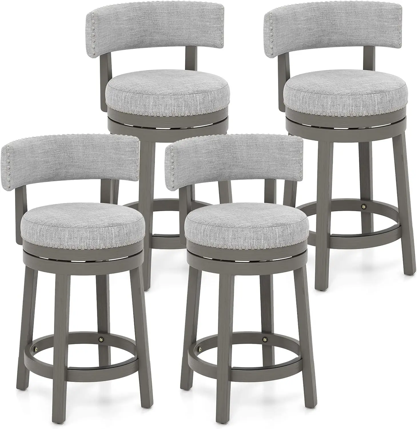 

COSTWAY Bar Stool Set of 4, 27-inch 360° Swivel Barstool with Upholstered Back & Seat, Solid Rubber Wood Legs & Footrest, Farmho