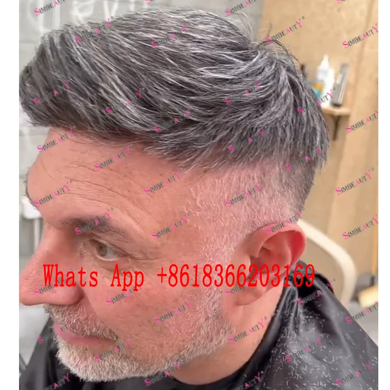 Miscro Skin Gray  Black 100% Man Human Hair Silicon Toupee 1B40 Natural Hairline Full PU Skin Base Hair Capillary Prosthesis