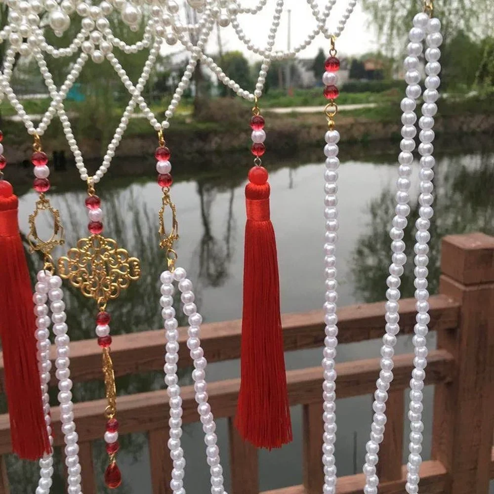 Joyería antigua, disfraz antiguo Hanfu, cadena de cintura larga, cintura blanca perla, estilo Tang, cuello sin mangas, falda de cintura, accesorios para mujer