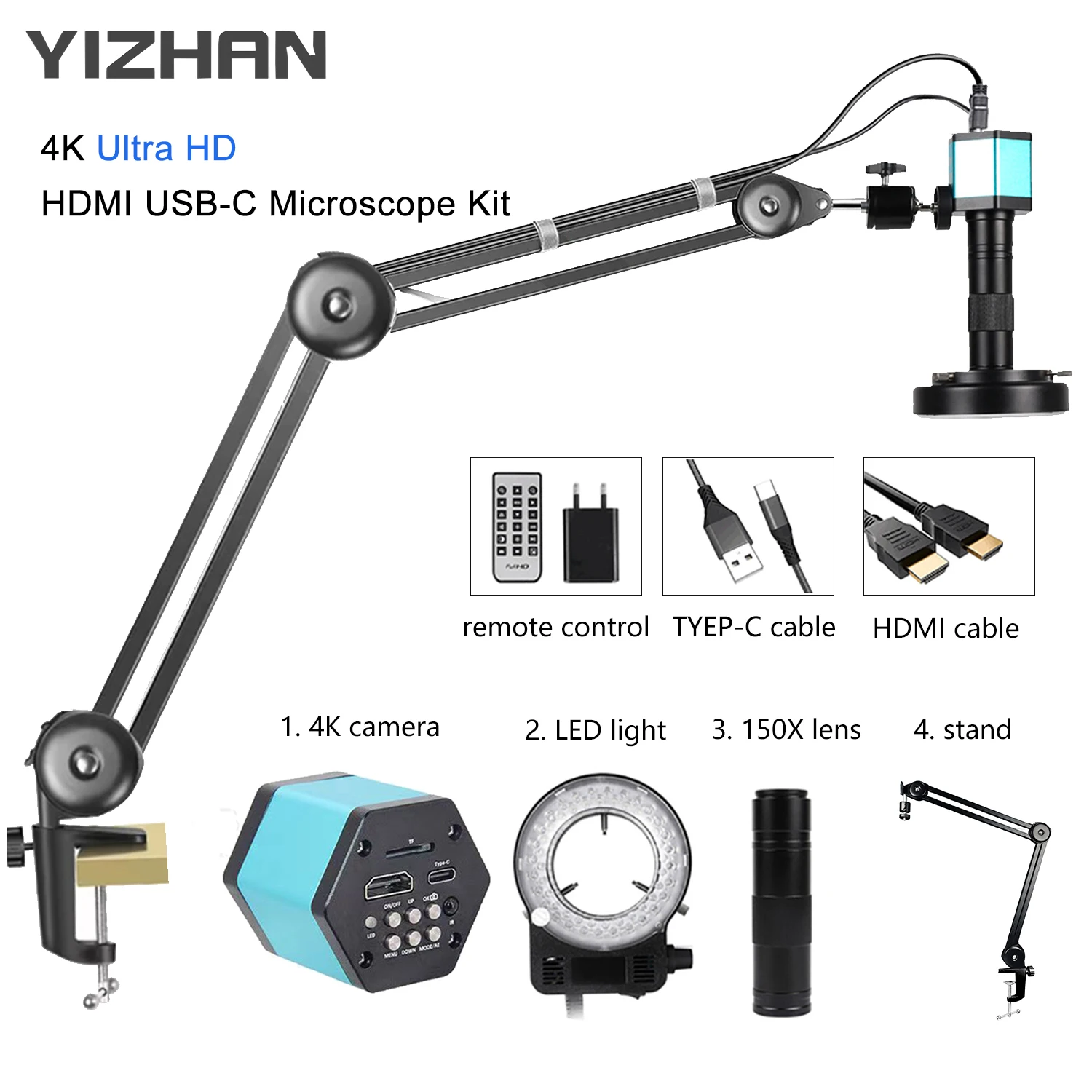 Yizhan HD 1080P Digital Electron Microscope 4K Ultra 2K HDMI Microscope USB VGA 150X Lens 5-100cm Working Distance Tripod Stand