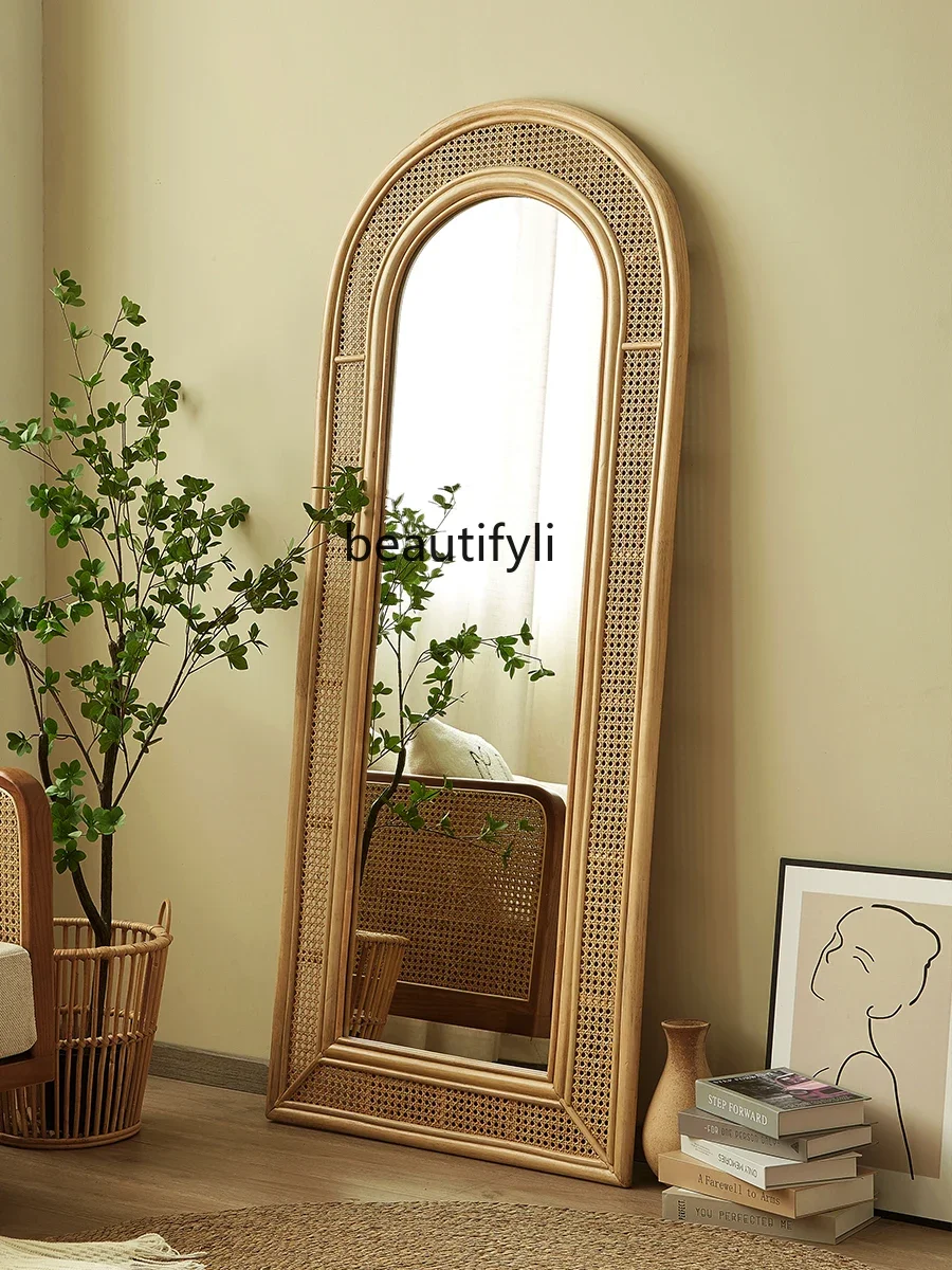 ss newRetro Natural Real Rattan Woven Full-Length Mirror Full Body Floor Home Bedroom B & B Simple Modern