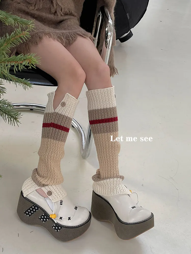 Tube Socks Women's Color Matching Spring and Autumn Knitted Cotton Button Contrast Color Leg Warmer Retro American Wool Fashion