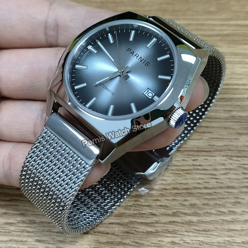 Parnis 40mm Men's Watch NH35 Automatic Black Gray Gradient Color Luminous Marks Dial Sapphire Crystal Stainless Steel Case