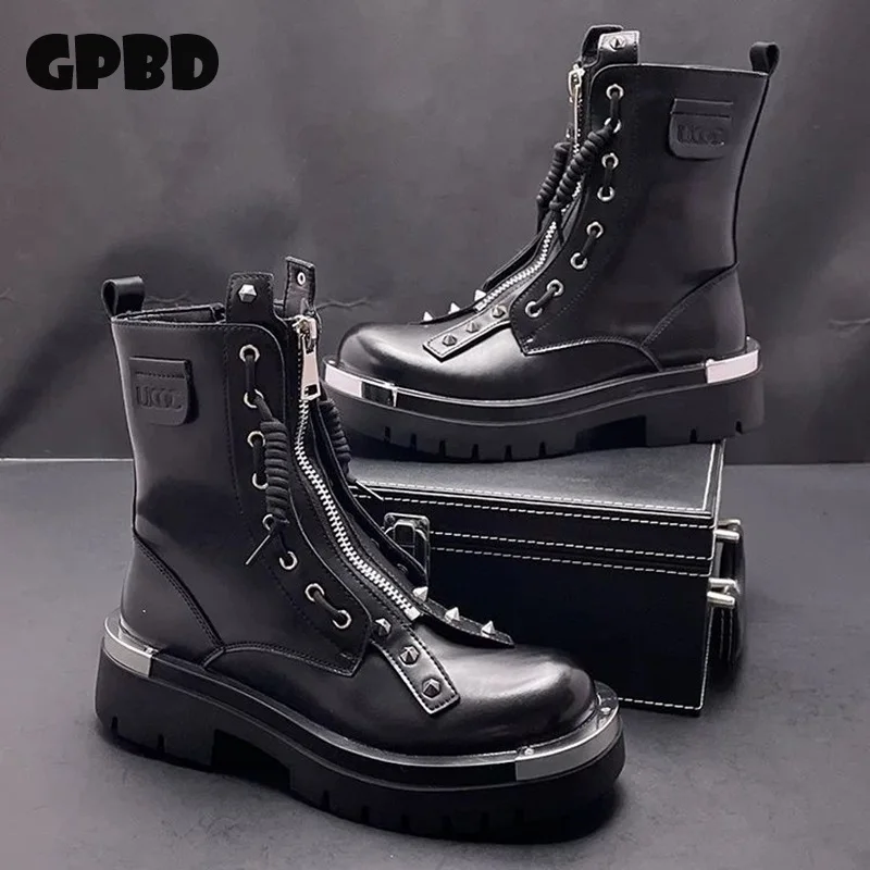 GPBD Knight Boots Men Thick-Topped British Style Autumn 2025 Mid-Calf Ankle Boot with Chelsea Cap and High-Heel Leather Boot