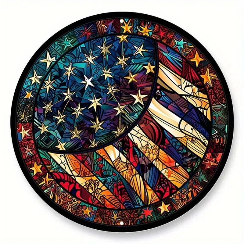 

Round Metal Tin Sign Art American Flag Decorative Plates Entrance Decor Gift Mask Theme For Bar Cafe Club Home Room Wall Decor
