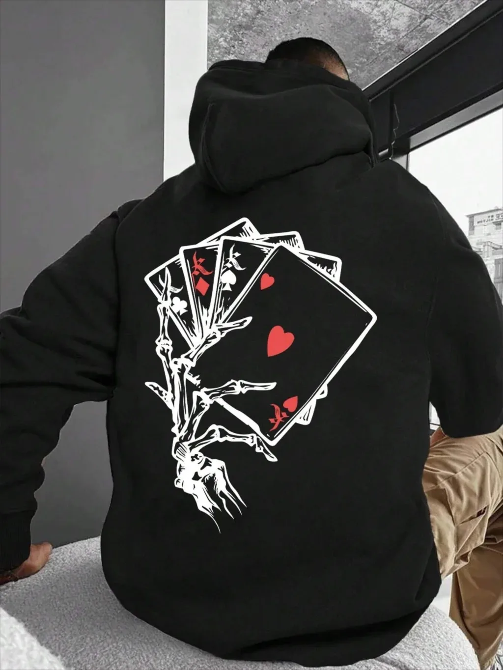 

Playing Card Printing Hoodie For Men Kangaroo Pocket Drawstring Pullovers Loose Fleece Warm Sweatshirts Autumn Casual Clothes