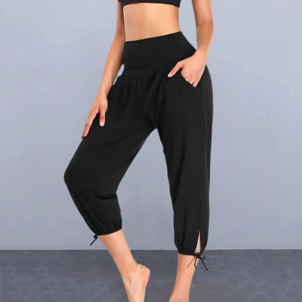 Women High Waist Cropped Pants High Waist Yoga Pants with Pockets Stretchy Sport Cropped Pants for Women Solid Color for Women