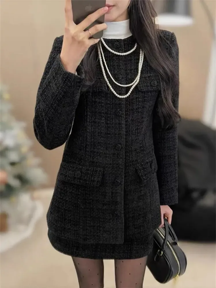 Insozkdg Elegant Lady Chic Suit Jacket Winter New Fashion Age-Reducing High Waist Hip-Wrapped Half Skirt Two-Piece Set Women